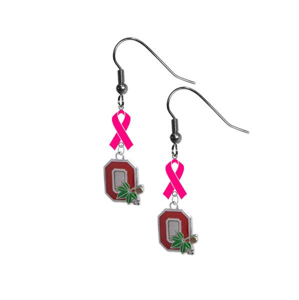 Ohio State Buckeyes Style 2 Breast Cancer Awareness Hot Pink Ribbon Dangle Earrings