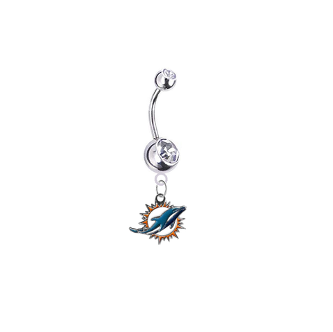 Miami Dolphins Silver Clear Swarovski Belly Button Navel Ring - Customize Gem Colors