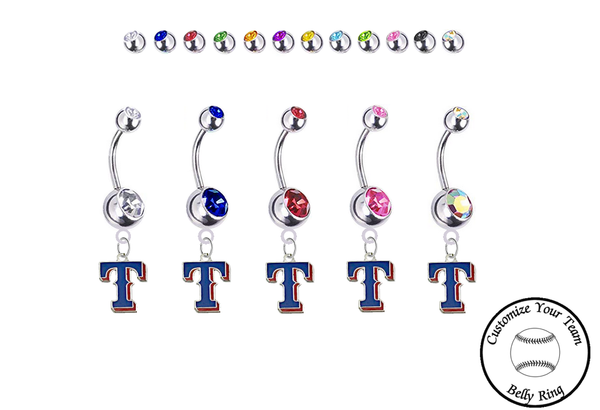Texas Rangers Style 2 Silver Swarovski Belly Button Navel Ring - Customize Gem Colors