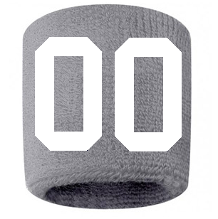 Number 00 Custom Gray w/ White #'s Sweatband Wristband Embroidered Stitched