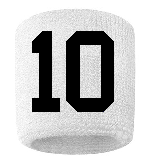 Number 10 Custom White w/ Black #'s Sweatband Wristband Embroidered Stitched