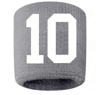 Number 10 Custom Gray w/ White #'s Sweatband Wristband Embroidered Stitched