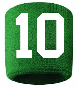 Number 10 Custom Green w/ White #'s Sweatband Wristband Embroidered Stitched