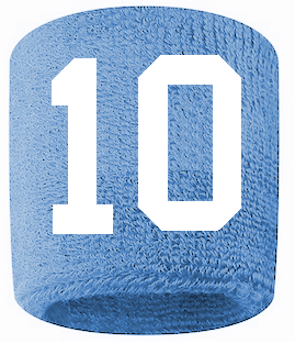 Number 10 Custom Light Blue w/ White #'s Sweatband Wristband Embroidered Stitched