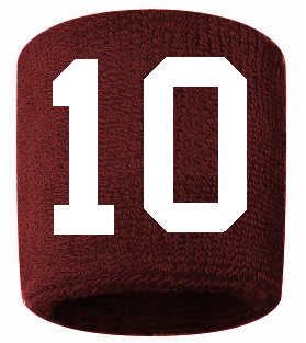 Number 10 Custom Maroon w/ White #'s Sweatband Wristband Embroidered Stitched