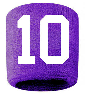 Number 10 Custom Purple w/ White #'s Sweatband Wristband Embroidered Stitched
