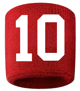Number 10 Custom Red w/ White #'s Sweatband Wristband Embroidered Stitched