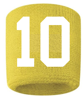 Number 10 Custom Yellow w/ White #'s Sweatband Wristband Embroidered Stitched