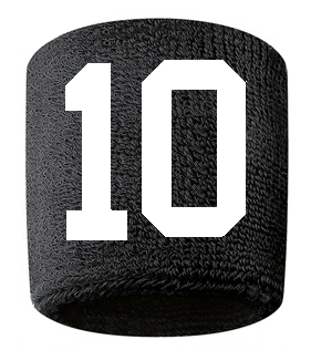 Number 10 Custom Black w/ White #'s Sweatband Wristband Embroidered Stitched