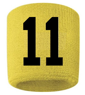 Number 11 Custom Yellow w/ Black #'s Sweatband Wristband Embroidered Stitched