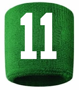 Number 11 Custom Green w/ White #'s Sweatband Wristband Embroidered Stitched