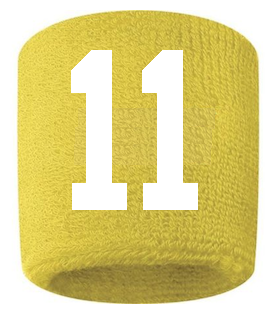 Number 11 Custom Yellow w/ White #'s Sweatband Wristband Embroidered Stitched
