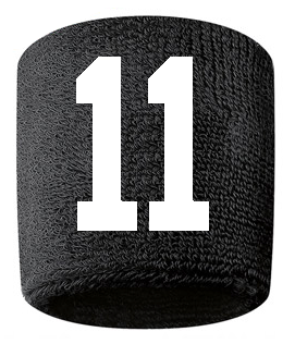 Number 11 Custom Black w/ White #'s Sweatband Wristband Embroidered Stitched