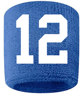 Number 12 Custom Royal Blue w/ White #'s Sweatband Wristband Embroidered Stitched