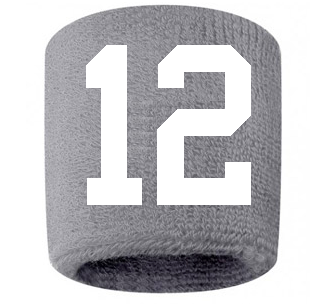 Number 12 Custom Gray w/ White #'s Sweatband Wristband Embroidered Stitched