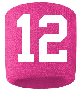Number 12 Custom Hot Pink w/ White #'s Sweatband Wristband Embroidered Stitched