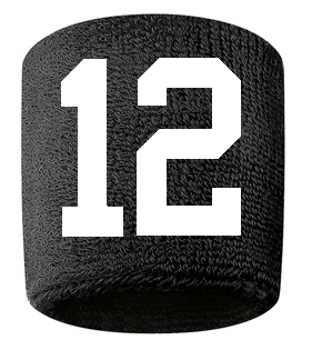 Number 12 Custom Black w/ White #'s Sweatband Wristband Embroidered Stitched