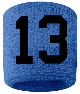 Number 13 Custom Royal Blue w/ Black #'s Sweatband Wristband Embroidered Stitched