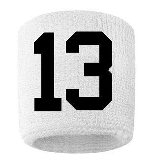 Number 13 Custom White w/ Black #'s Sweatband Wristband Embroidered Stitched