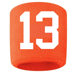 Number 13 Custom Orange w/ White #'s Sweatband Wristband Embroidered Stitched