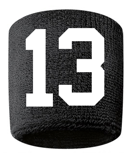 Number 13 Custom Black w/ White #'s Sweatband Wristband Embroidered Stitched