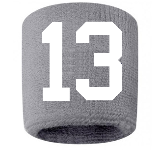 Number 13 Custom Gray w/ White #'s Sweatband Wristband Embroidered Stitched