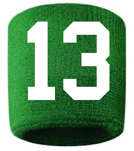 Number 13 Custom Green w/ White #'s Sweatband Wristband Embroidered Stitched