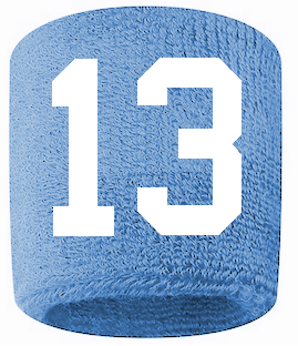 Number 13 Custom Light Blue w/ White #'s Sweatband Wristband Embroidered Stitched