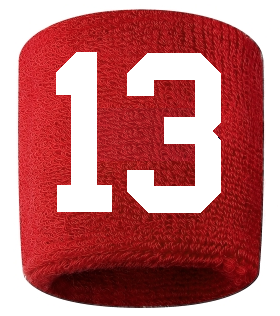 Number 13 Custom Red w/ White #'s Sweatband Wristband Embroidered Stitched
