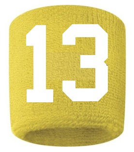 Number 13 Custom Yellow w/ White #'s Sweatband Wristband Embroidered Stitched
