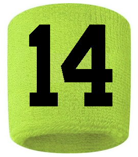 Number 14 Custom Volt Neon Lime Green w/ Black #'s Sweatband Wristband Embroidered Stitched