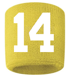 Number 14 Custom Yellow w/ White #'s Sweatband Wristband Embroidered Stitched