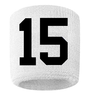 Number 15 Custom White w/ Black #'s Sweatband Wristband Embroidered Stitched
