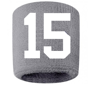 Number 15 Custom Gray w/ White #'s Sweatband Wristband Embroidered Stitched