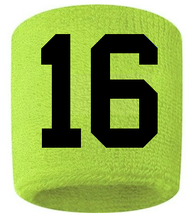 Number 16 Custom Volt Neon Lime Green w/ Black #'s Sweatband Wristband Embroidered Stitched