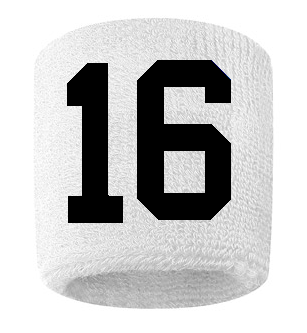 Number 16 Custom White w/ Black #'s Sweatband Wristband Embroidered Stitched