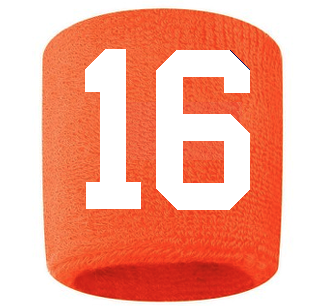 Number 16 Custom Orange w/ White #'s Sweatband Wristband Embroidered Stitched