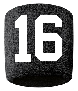 Number 16 Custom Black w/ White #'s Sweatband Wristband Embroidered Stitched