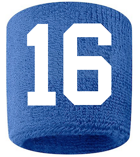Number 16 Custom Royal Blue w/ White #'s Sweatband Wristband Embroidered Stitched
