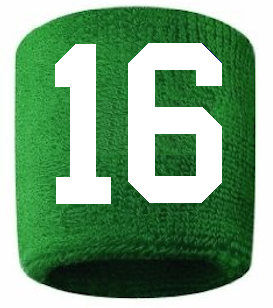 Number 16 Custom Green w/ White #'s Sweatband Wristband Embroidered Stitched