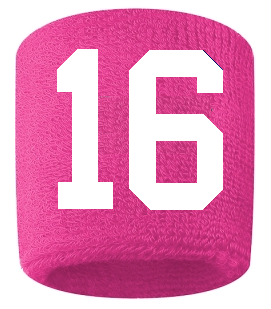 Number 16 Custom Hot Pink w/ White #'s Sweatband Wristband Embroidered Stitched