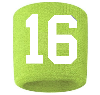 Number 16 Custom Volt Neon Lime Green w/ White #'s Sweatband Wristband Embroidered Stitched