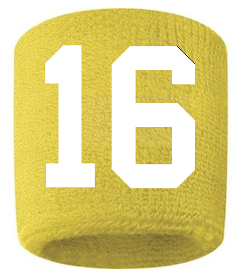 Number 16 Custom Yellow w/ White #'s Sweatband Wristband Embroidered Stitched