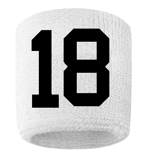 Number 18 Custom White w/ Black #'s Sweatband Wristband Embroidered Stitched