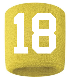 Number 18 Custom Yellow w/ White #'s Sweatband Wristband Embroidered Stitched