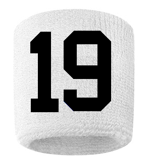 Number 19 Custom White w/ Black #'s Sweatband Wristband Embroidered Stitched