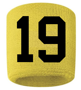 Number 19 Custom Yellow w/ Black #'s Sweatband Wristband Embroidered Stitched