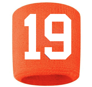 Number 19 Custom Orange w/ White #'s Sweatband Wristband Embroidered Stitched