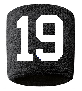 Number 19 Custom Black w/ White #'s Sweatband Wristband Embroidered Stitched