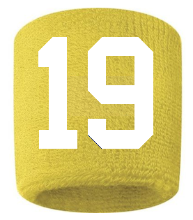 Number 19 Custom Yellow w/ White #'s Sweatband Wristband Embroidered Stitched